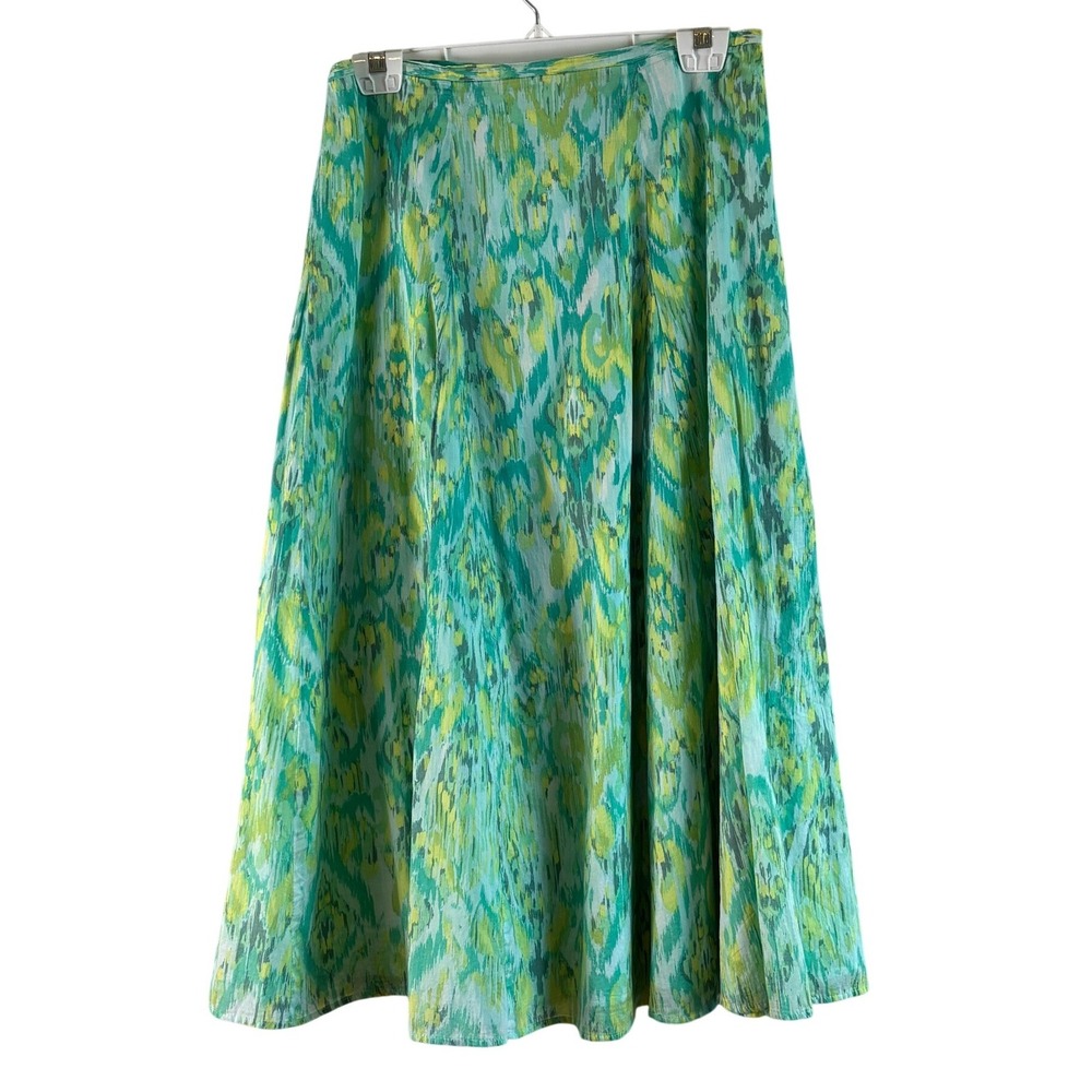 Lark Lane Midi Flared Skirt Green Ikat Women Size 12 Cotton Lined A-Line